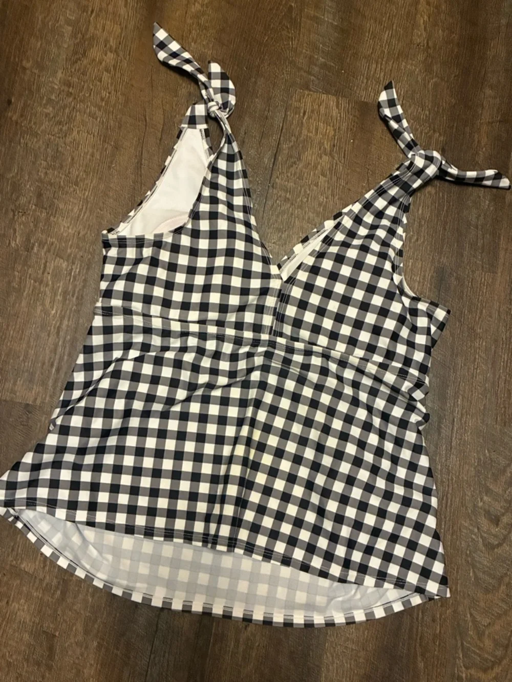 Kona Sol Tankini Swim Top 16W Black White Gingham Tie Strap Ruched Plus Size